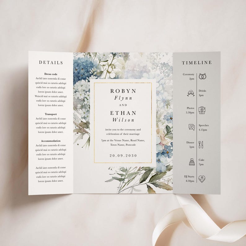 Dusty Blue Floral Gatefold Printed Wedding Invitations