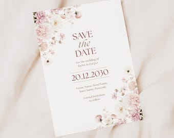 Pink Floral Save the Date Card, Blush Pink Custom Wedding Save the Date, Dusty Rose Personalised Wedding Save the Date Cards