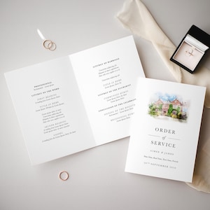 May include: A wedding ceremony order of service with a watercolour illustration of a house. The order of service is for Aimee and James and is dated 20th September 2019.