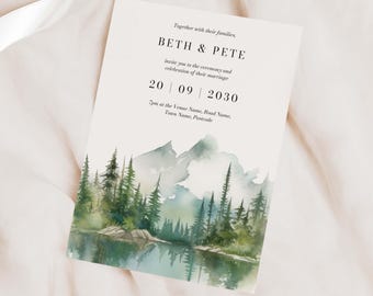 Könnte beinhalten: Hochzeitseinladung mit einer Aquarell-Illustration eines Bergsees und eines Waldes. Die Einladung lautet: "Gemeinsam mit ihren Familien laden Beth & Pete Sie zur Zeremonie und Feier ihrer Hochzeit ein 20 09 2030 19 Uhr im Venue Name, Road Name, Town Name, Postcode"