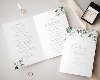 Personalised Emerald Green Eucalyptus Wedding Order of Service, Printed Foliage Ceremony Booklet, Personalized Botanical Program A5 Set UK