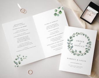 Eucalyptus Foliage Wedding Order of Service Booklet, Rustic Botanical Greenery Ceremony Programme