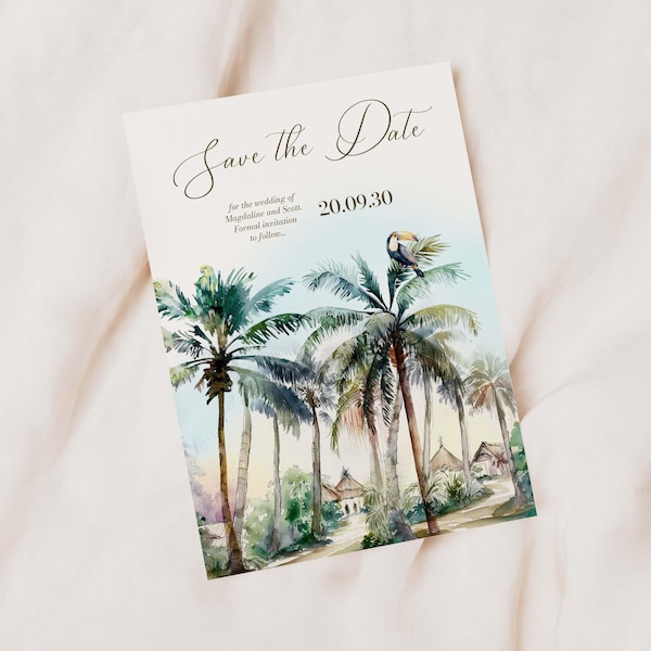 Destination Wedding Save the Date Cards, Palm Tree Save the Dates, Tropical Beach Wedding Save the Date, Personalised Save the Date Cards