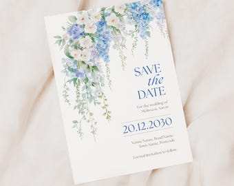 Dusty Blue Wisteria Save the Date Card, Blue Floral Wedding Save the Dates, Personalised Blue Wedding Save the Date Cards