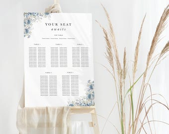 Dusty Blue Floral Wedding Seating Plan, Hydrangea Wedding Seating Chart Board, UK Personalised Table Plan, Blue Wedding Table Chart Sign