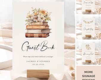 May include: A printable wedding guest book sign with a floral illustration and a stack of books. The sign says "Guest Book" and includes the text "Please sign your names and leave a message!"  "Lauren & Stephen" and "20.09.2030".