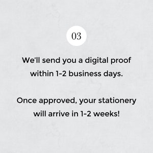 May include: A white circle with the number "03" in the center, with text below. The text reads: "We'll send you a digital proof within 1-2 business days. Once approved, your stationery will arrive in 1-2 weeks!"