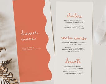 Coral Wedding Menu Cards, Modern Wavy Menu Sign, Printed Wedding Menus, Scallop Edge Reception Menu, Minimalist Wedding Stationery