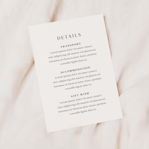 May include: A white card with the word "DETAILS" in black text at the top. The card is divided into three sections: "TRANSPORT", "ACCOMMODATION", and "GIFT WISH". Each section contains the same text: "Lorem ipsum dolor sit amet consect etur adipiscing elit mauris vel plaerat mi wivamus ut rhoncus justo donec pretium convallis ligula duis eu."