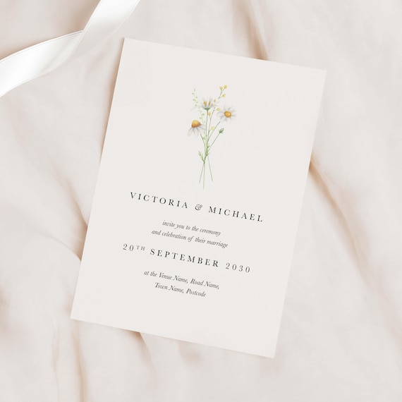 Daisy Wedding Invitation, Simple Minimal Design, Modern Yellow Floral Wedding Stationery Set