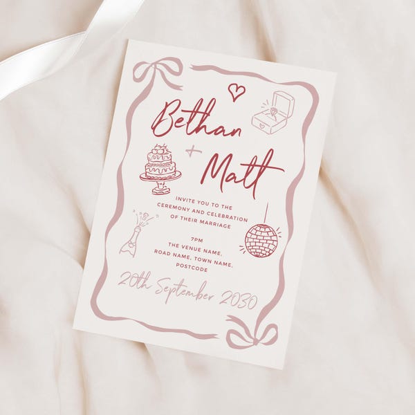 Pink Wedding Invitation, Blush Hand-Drawn Doodle Invite, Whimsical Fun Modern Personalised Wedding Card