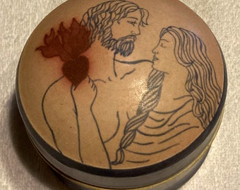 Vintage Flaming Heart Glazed Ceramic Powder Jar/ Jewelry Container