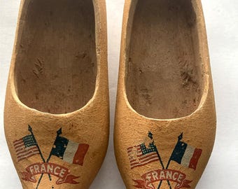 vintage WWII wooden clog shoes. American & France flags