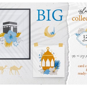 May include: A collection of 126 Islamic design elements, including a mosque, crescent moon, lantern, and floral patterns. The elements are in a variety of colors, including blue, yellow, and white. The text "BIG islamic collection" is at the top of the image. The text "126 elements" is in a circle with a blue and yellow border. The text "eps ai svg png psd jpeg" is below the circle. The text "card creator & ready design" is at the bottom of the image.