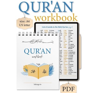 May include: A white spiral-bound workbook titled "QUR'AN workbook" with a stylized open book graphic. The cover includes Arabic script and the words "belongs to." A digital tablet displays a list of surahs. The image also includes a "PDF" tag and size information.