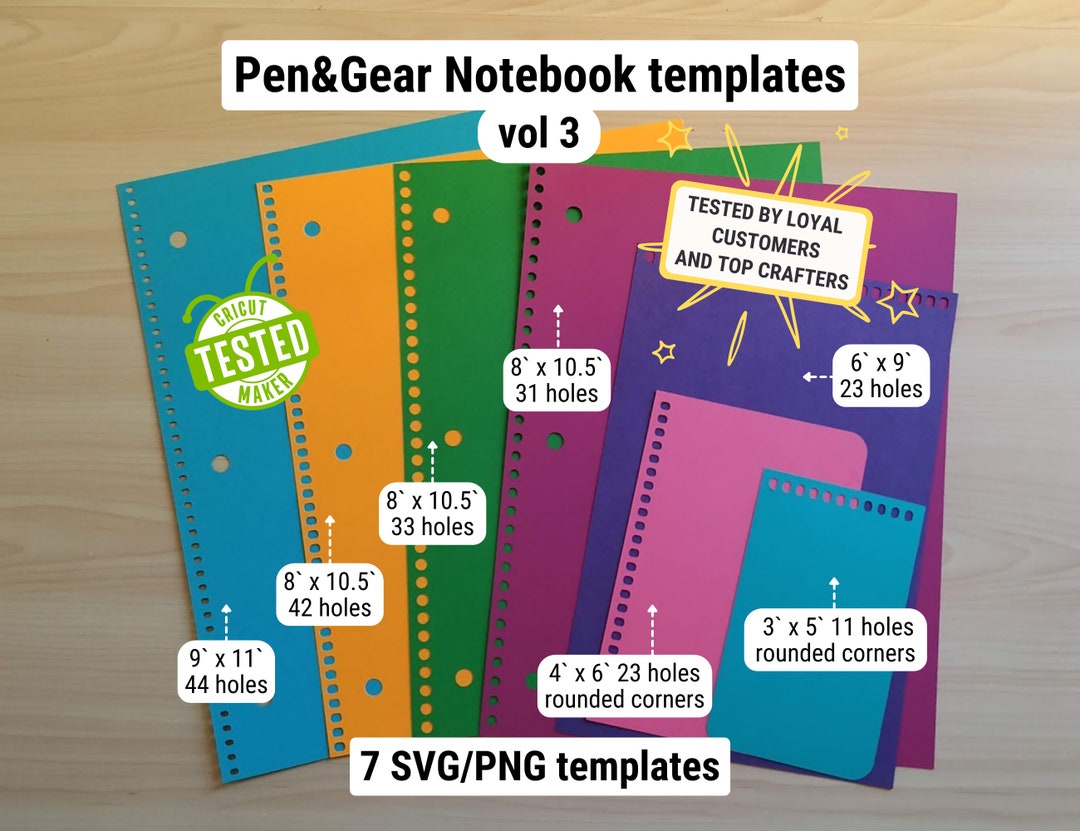 Pen and Gear Spiral Notebook Cover Templates, 7 SVG Laser Cut Sizes, Cut Files for Cricut and