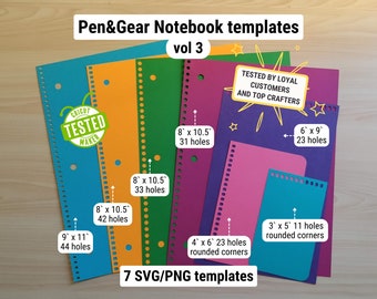 Pen and Gear Spiral Notebook Cover templates, 7 SVG Laser Cut sizes, cut files for Cricut and Silhouette