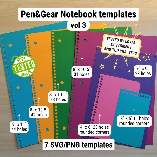 Pen and Gear Spiral Notebook Cover templates, 7 SVG Laser Cut sizes, cut files for Cricut and Silhouette