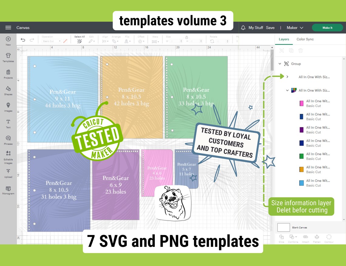 Pen and Gear Spiral Notebook Cover Templates, 7 SVG Laser Cut Sizes ...