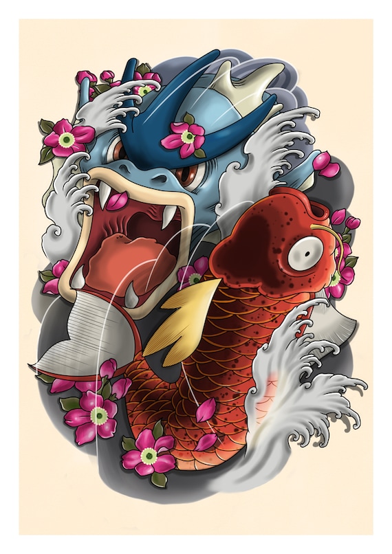 Magikarp and Gyarados Japanese Tattoo Print Pokemon Art Etsy