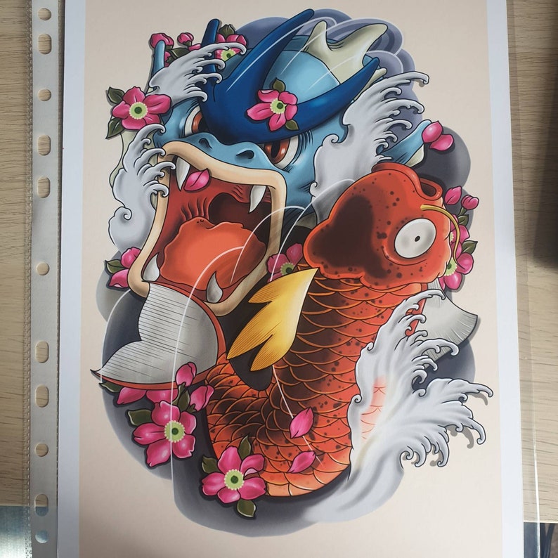 Magikarp and Gyarados Japanese Tattoo Print Pokemon Art Etsy Finland