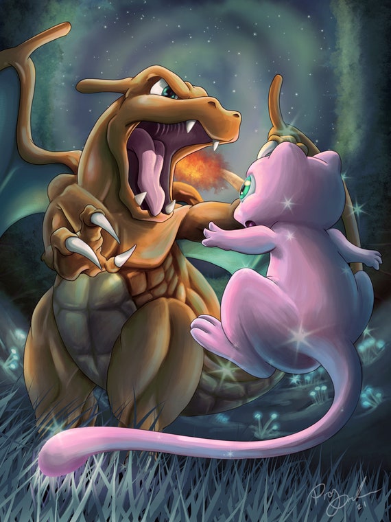 Charizard vs Mew- Beautiful Pokemon Print | Classic Anime | PokeArt | Anime  Gift idea | Pokemon Gifts