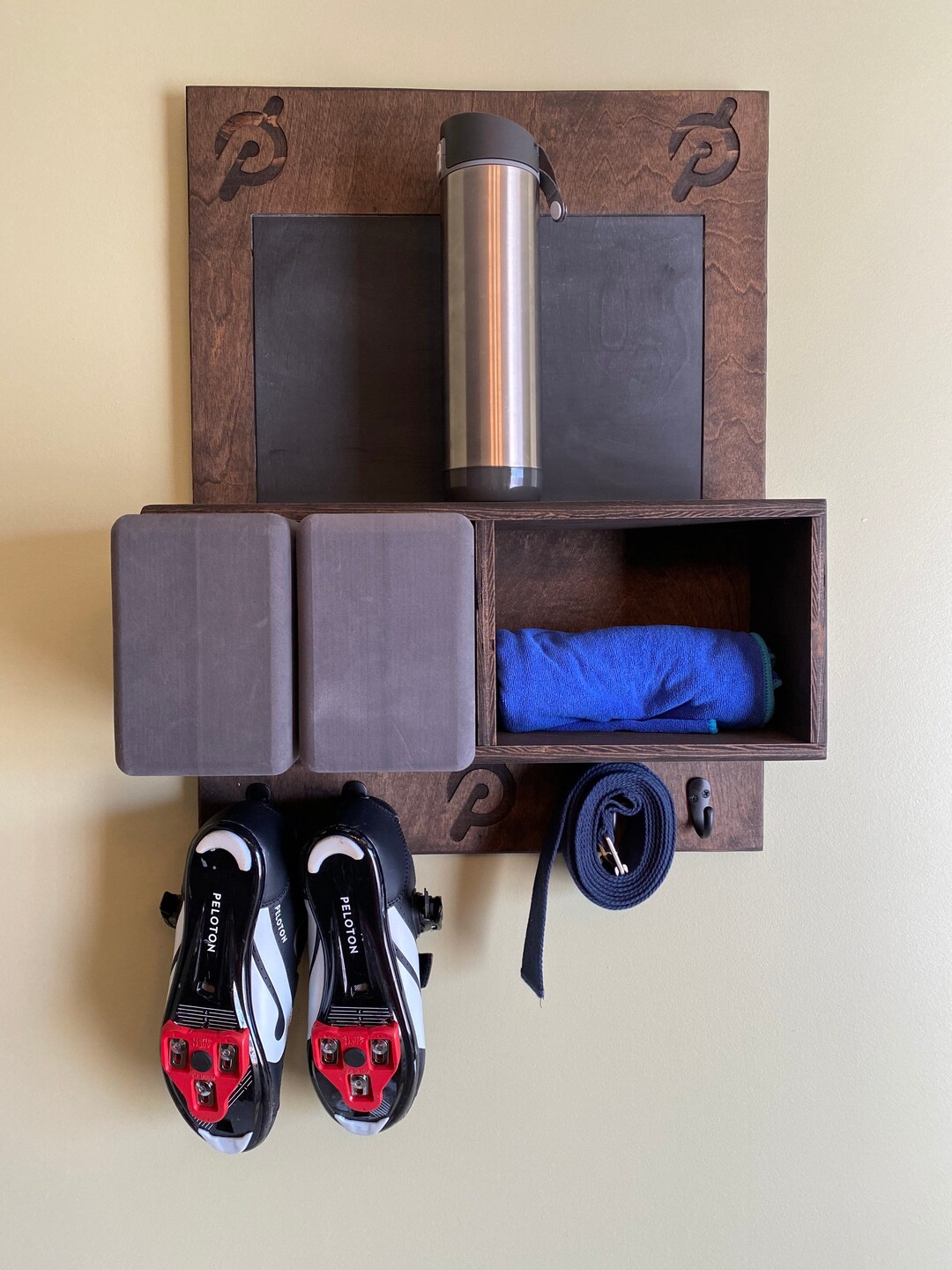 Chalkboard Home Gym Shelf Custom Stained Wood With Hooks and Cubbies or