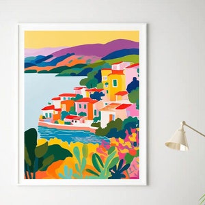 Coastal Village print, Colorful Houses and Plants Landscape, Printable Wall Art - Cheerful Decor, Vibrant poster, digital download