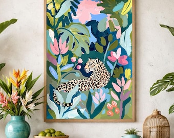 Arte mural de leopardo colorido, decoración de selva tropical, arte maximalista audaz, descarga digital de dopamina vibrante