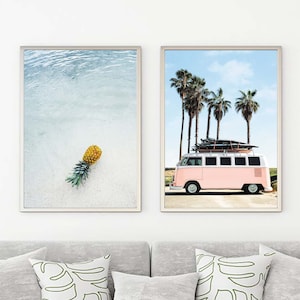 Beach printable wall art set, vintage van print, pineapple print