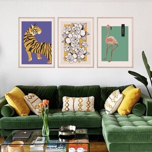 Eclectic Gallery Wall Art Set: Colorful Tiger, Flamingo, Roses (Digital Download)