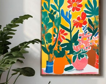 Botanische Gouache-Malerei: Bunte Pflanzen im Topf (Digitaler Download)