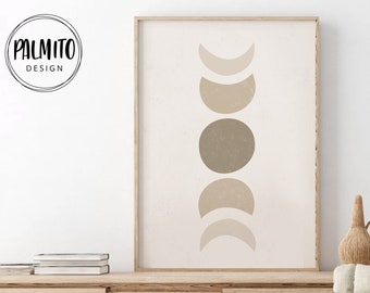 May include: A framed print with a minimalist design featuring a series of beige and brown crescent moons and circles arranged vertically.