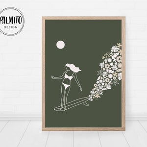 Surfen Wandkunst, Surfer Mädchen Druck, sofortiger Download, salbeigrüne Surfkunst, Tropische Illustration druckbare Wandkunst, Natur Kunstwerk Poster