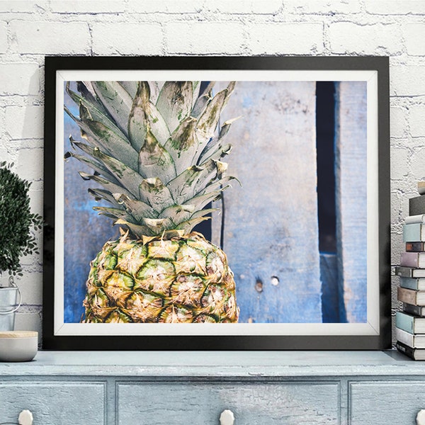 Pineapple art print, Summer poster, rustic printable decor, tropical photography wall art, Fruits printable, vibrant blue, fun gallery wall