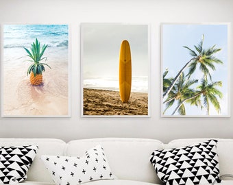 Beach printable wall art set, pineapple print, surfboard print, palms print, digital download, summer vibes prints, surf printable wall art