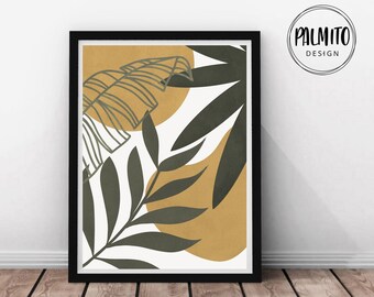 Boho Botanical Print: Olive Green & Mustard Leaf Art (Digital Download)