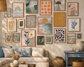 Eclectic Gallery Wall Art Set: Retro Floral & Beach Prints (Digital Download)
