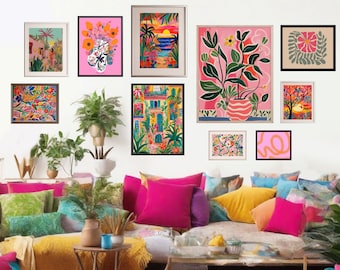 Colorful gallery wall set, Floral wall art, bright wall art, maximalist decor, eclectic wall art, Set of 10 prints, abstract colorful prints