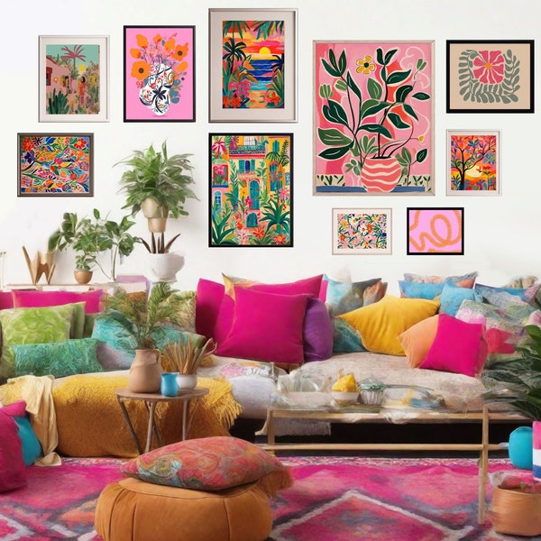 Colorful gallery wall set, Floral wall art, bright wall art, maximalist decor, eclectic wall art, Set of 10 prints, abstract colorful prints