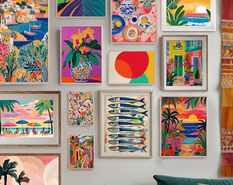May include: A gallery wall featuring framed art prints with colorful, tropical themes. The artwork includes beach scenes, floral arrangements, and abstract designs. The color palette is vibrant, with shades of pink, orange, blue, and green. A woven basket and a teal sofa are in the foreground.