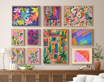 Maximalist Gallery Wall Set of 10, colorful Eclectic wall art, Pink Violet bright wall art, DIGITAL DOWNLOAD, Botanical wall art, flower art