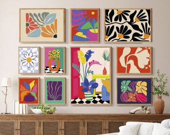 Conjunto de arte mural abstracto colorido Dopamine: Estampados florales retro (descarga digital)