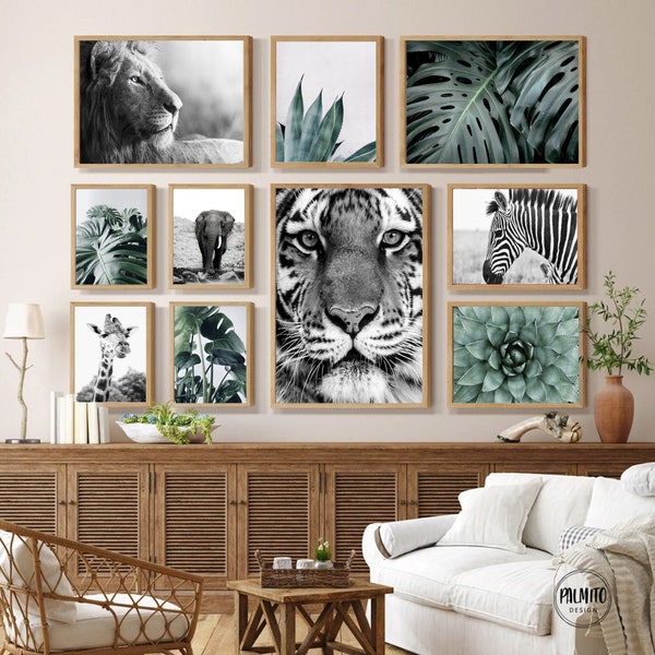 African animals Gallery wall set, safari animals prints, set of 10 Printable Wall art, emerald green Wall art, Wildlife Pictures,