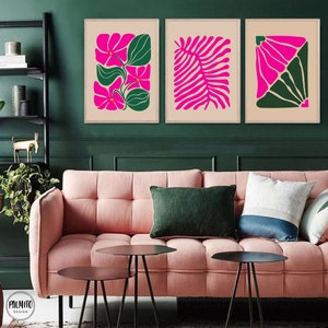 Emerald green and magenta Set Of 3 prints, Abstract botanical wall art, Vibrant colors Gallery Wall Set, Maximalist wall art, printable art