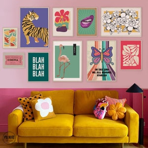 Colorful wall art, Set of 10 eclectic gallery wall set, retro bright colors wall art, digital funky art, maximalist decor, teens room decor