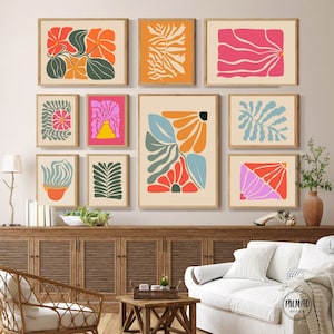 Colorful abstract botanical prints, Set of 10 eclectic gallery wall set, retro vibrant colors wall art, wavy flower prints, maximalist art