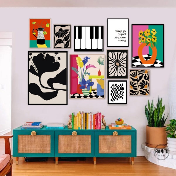 Set of 10 Colorful prints, bold colors abstract gallery wall, bright wall art, maximalist wall art, eclectic decor, Vibrant wall art