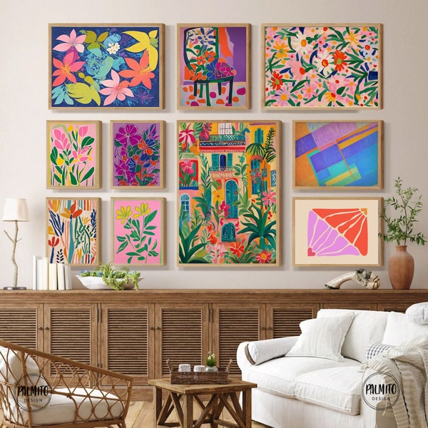 Maximalist Gallery Wall Set of 10, colorful Eclectic wall art, Pink Violet bright wall art, DIGITAL DOWNLOAD, Botanical wall art, flower art