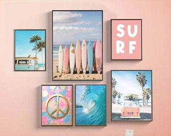 Pink Surf beach printable wall art, set of 6 prints, beach wall art, digital download, pink and blue coastal gallery wall art, Surf girl art